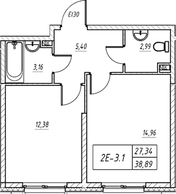 1-комнатная квартира 38.95 м², 2/14 эт., Комплекс апартаментов «Zoom на Неве»